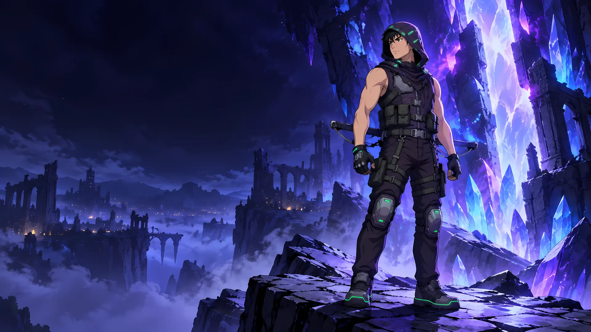Levelium illustration: the hooded hunter, crossbow on his back, standing on a cliff before a violet crystal rift